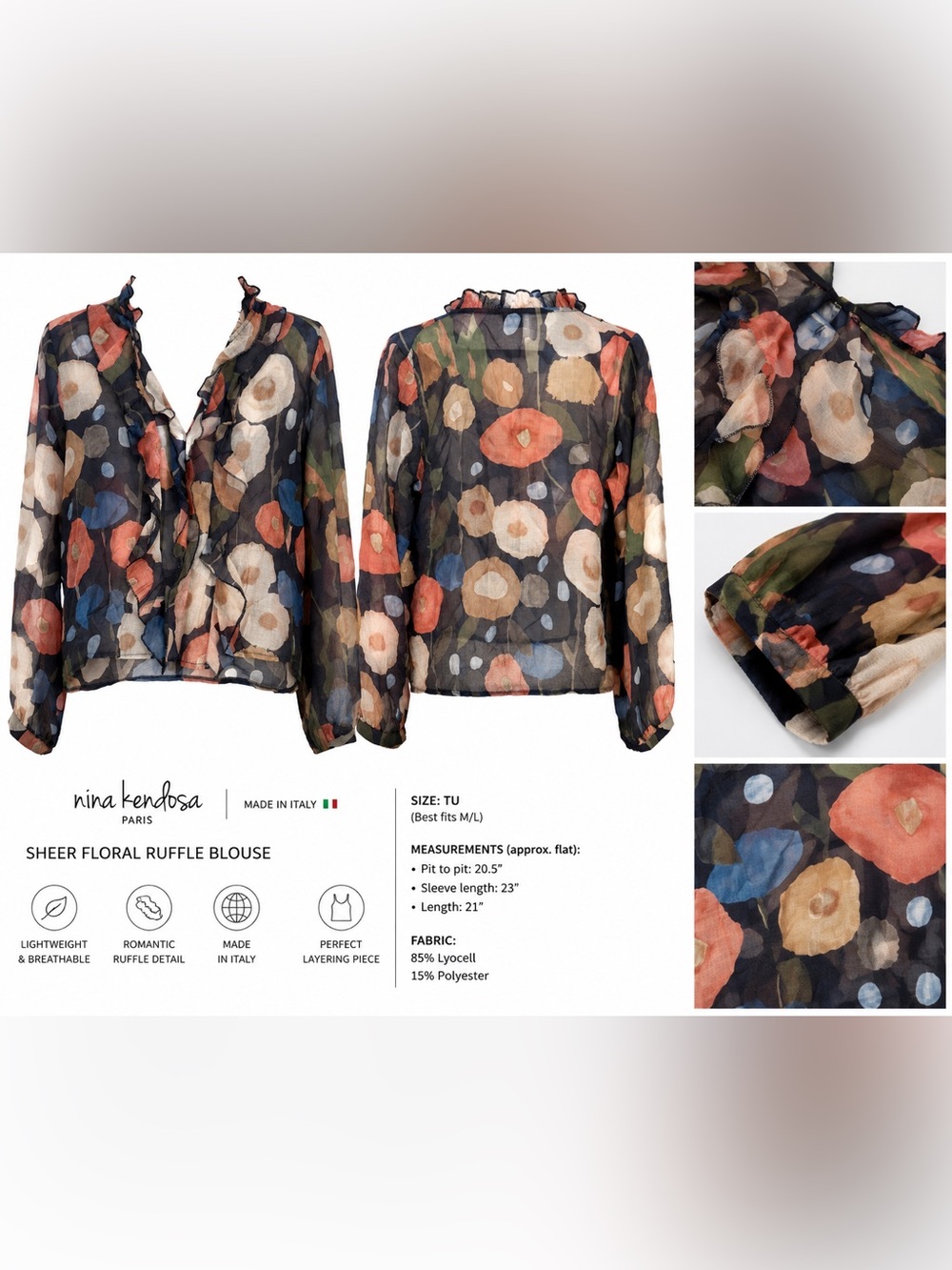 Nina Kendosa Sheer Floral Ruffle Blouse - Black Multi